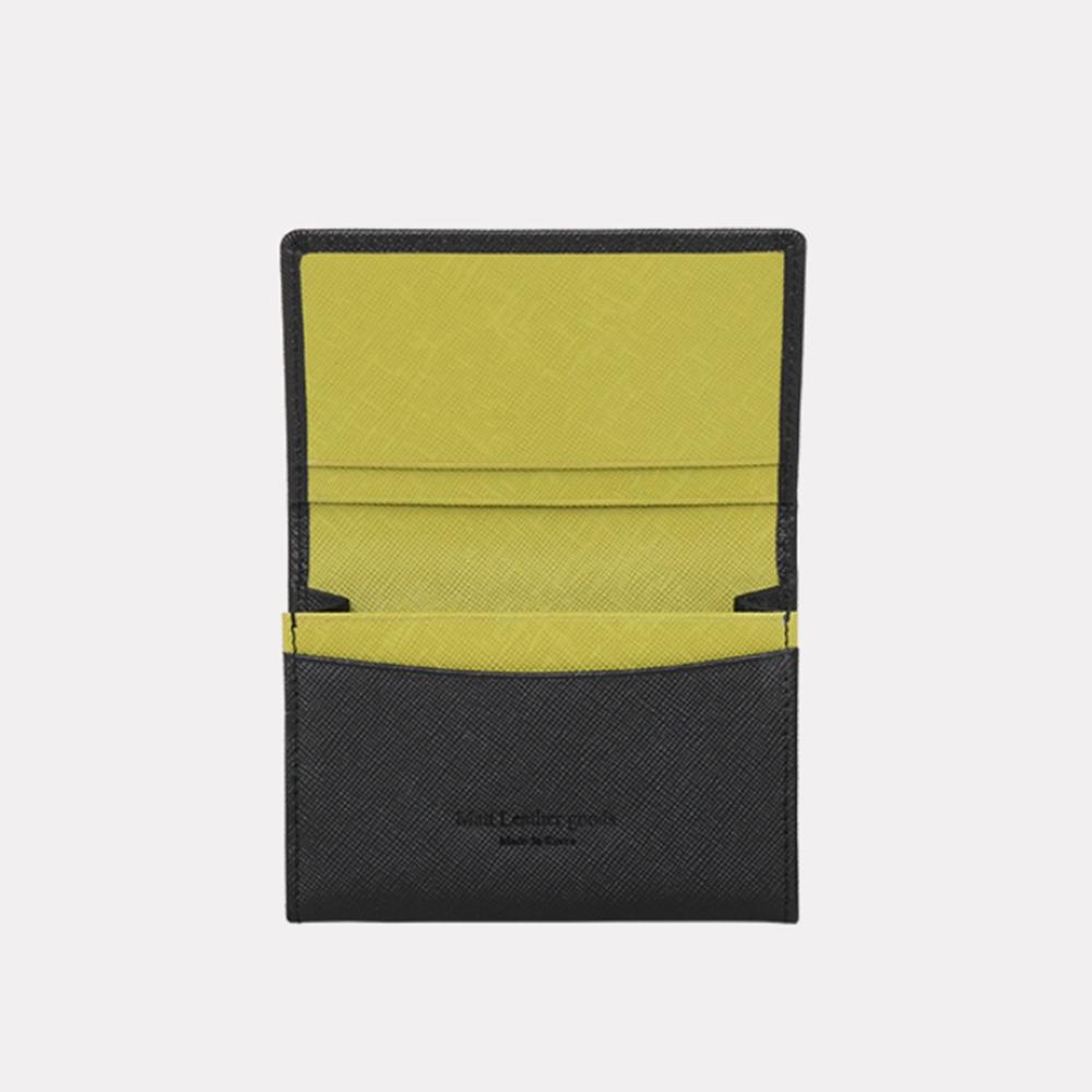 Matt Saffiano Cowhide Slim Business Card Holder Black + Lime Green