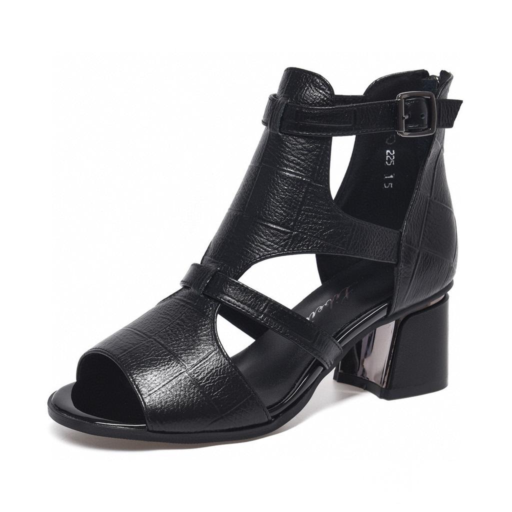 High-heeled Sandals Women's Summer First-layer Cowhide Fish Mouth Thick-heeled Fashion Shoes Rear Zipper Cold Boots