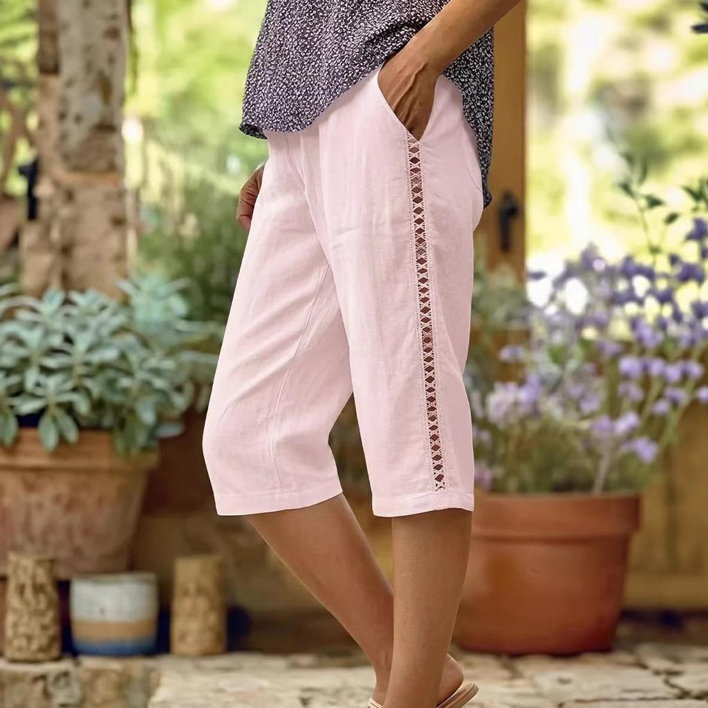 Ladies' Casual And Fashionable Side Hollow Splicing Straight Leg Five Quarter Pants