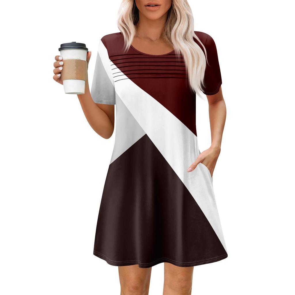 Damen Sommer Casual Rundhals Plissee Mit Taschen Bedruckte Kurzarmkleider