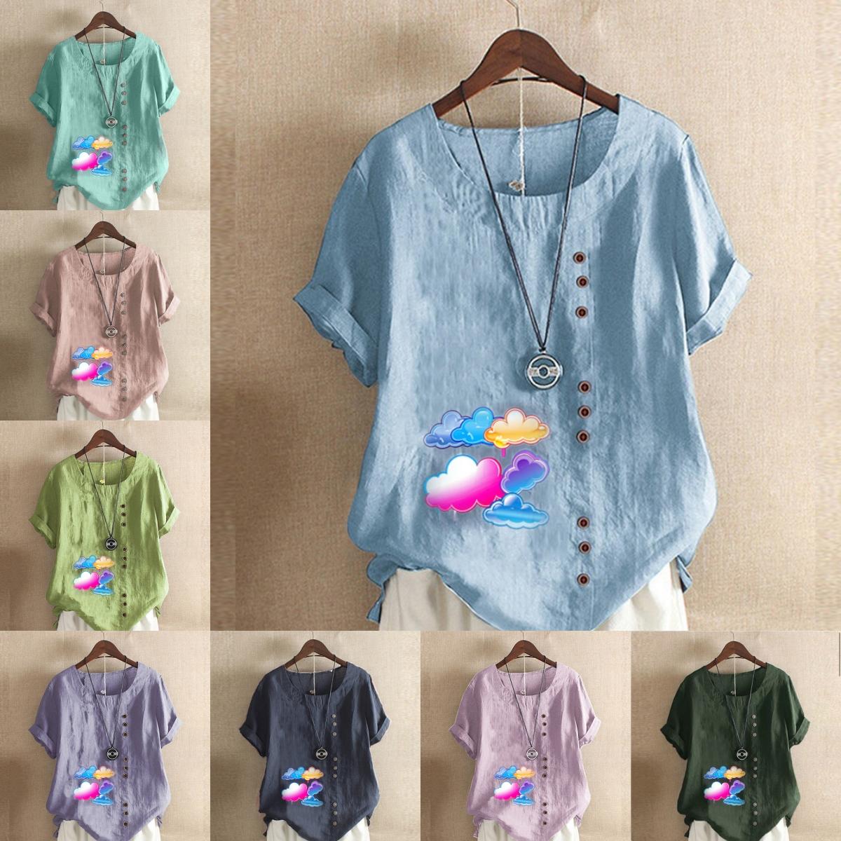 

Women s Fashion Round Neck Short Sleeve T-shirt Casual Cotton Linen Graphic Shirt Leisure Loose Colorful Clouds Prined Summer Blouse Tops S рожевий