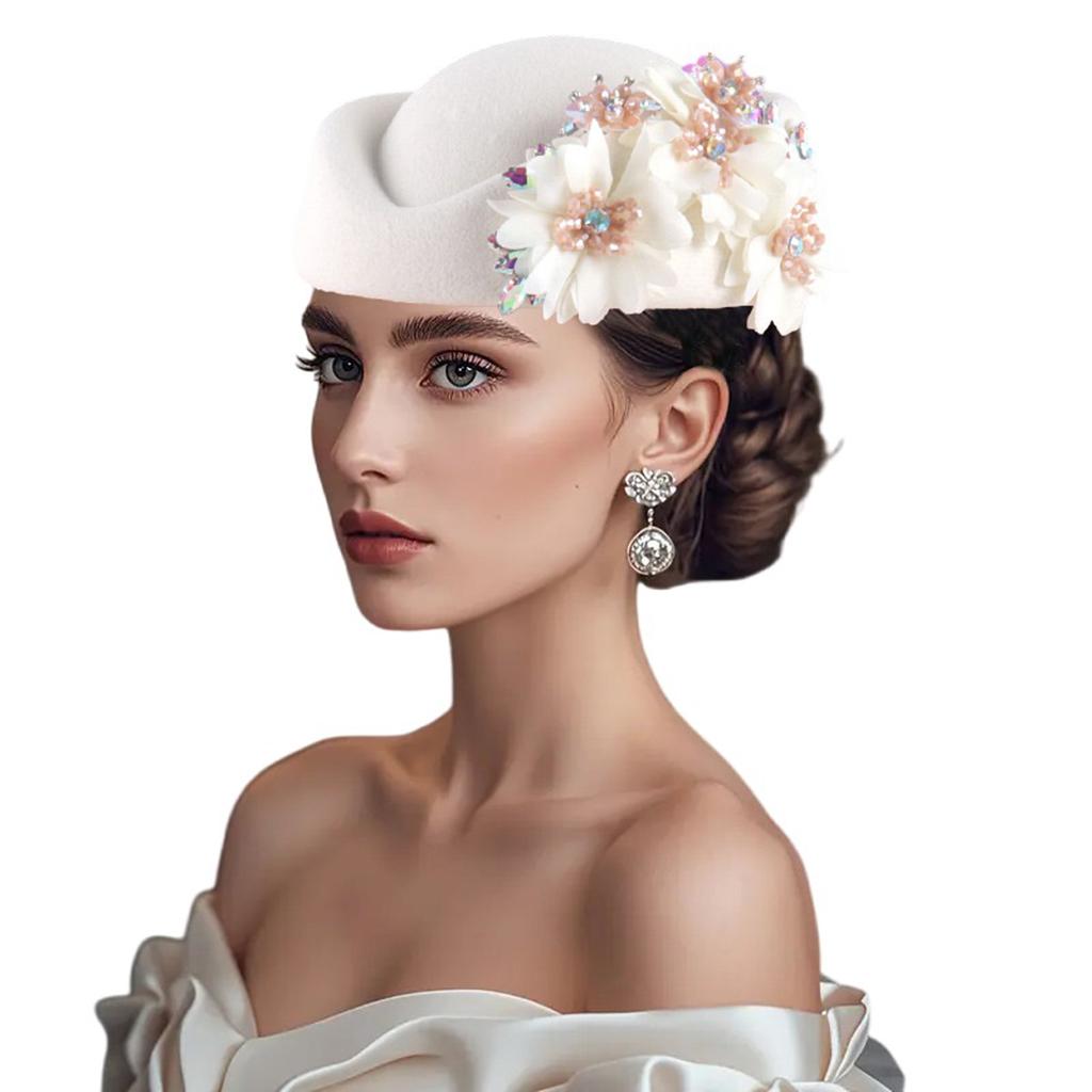 Cappello Pillbox da Donna Fiori Berretti Vintage Britannici in Feltro Cappellino per Chiesa Festa del Tè Accessorio