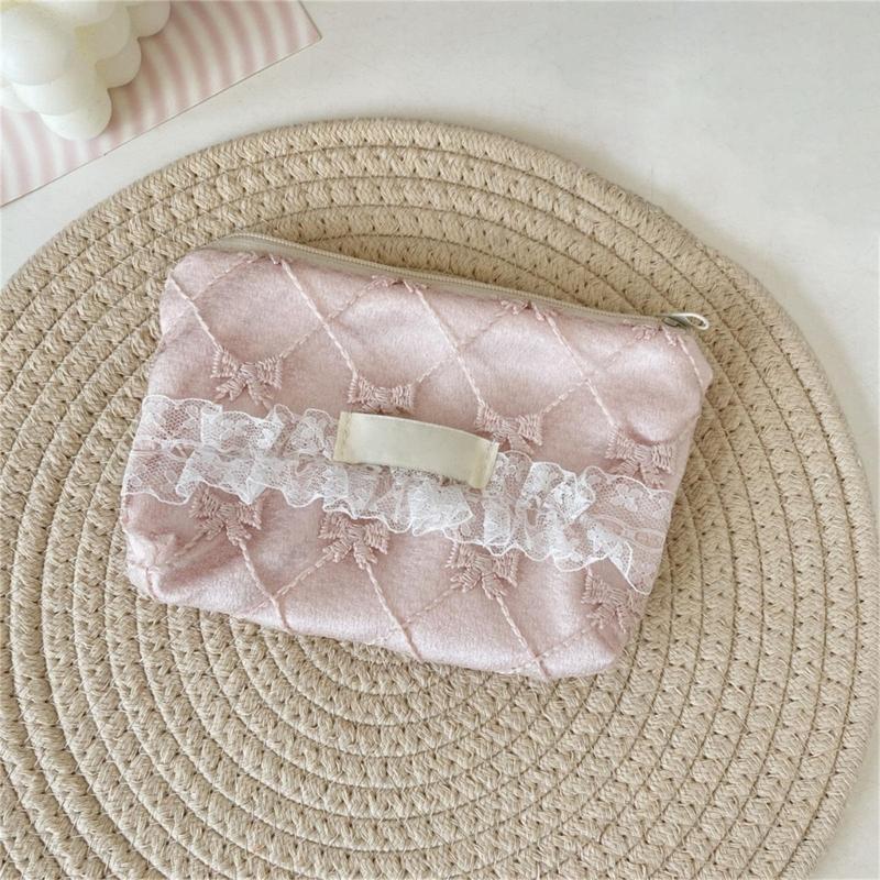 Elegant Floral Lace Trimmed Wallet Small Storage Bag Polyester Stylish Lightweight Carryall For Coin Accessories