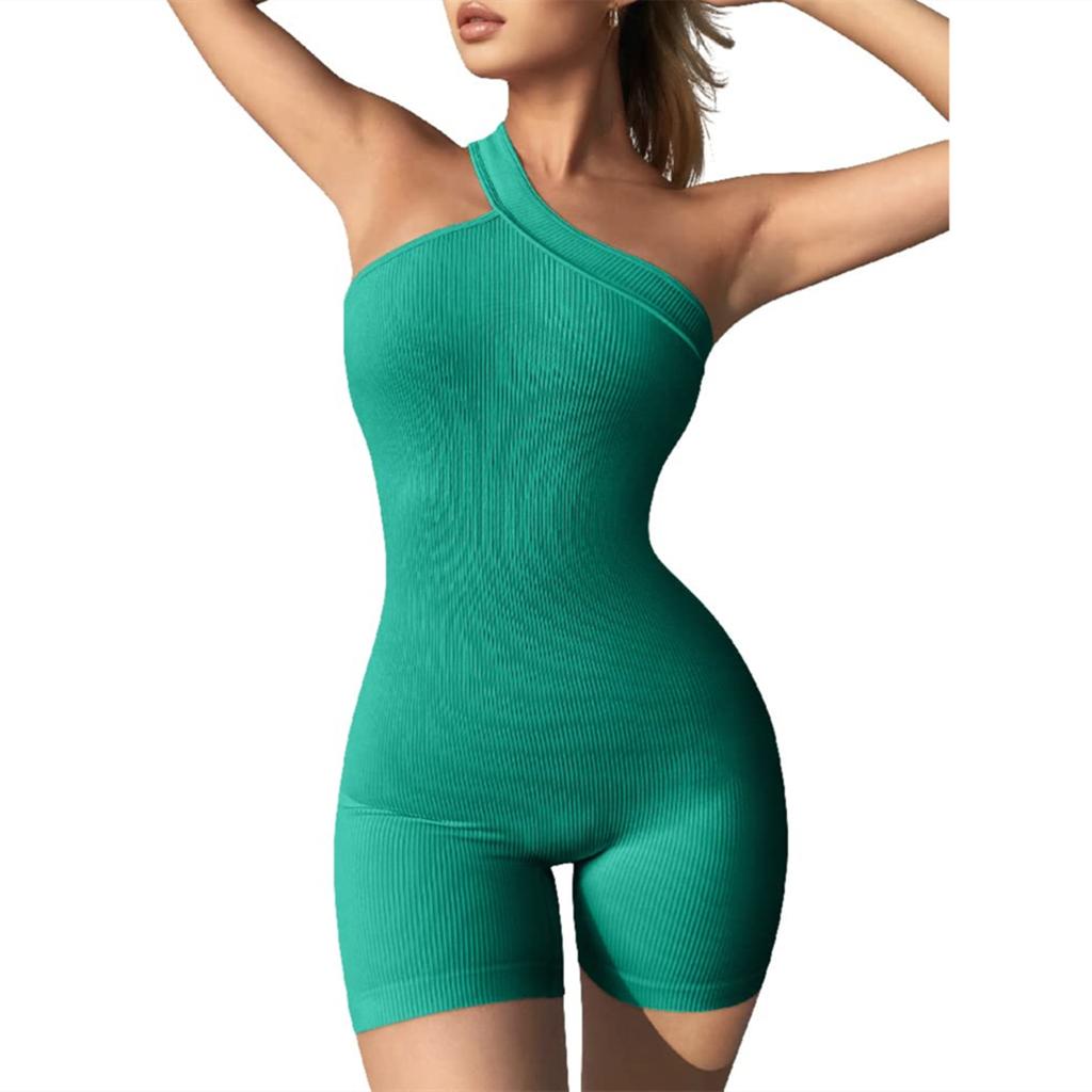 Women's Yoga Rompers Ribbed Spaghetti Strap Exercise Romper One Shoulder Sleeveless One Piece Jumpsuit Fitness Jumpsuits