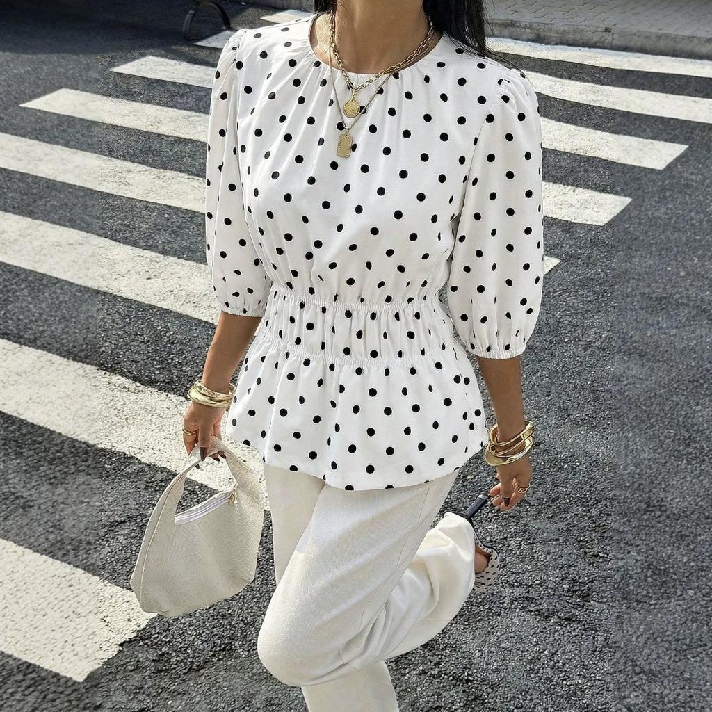 European and American new polka dot versatile French sweet top v-neck slim-fit commuting fashion short-sleeved thin shirt
