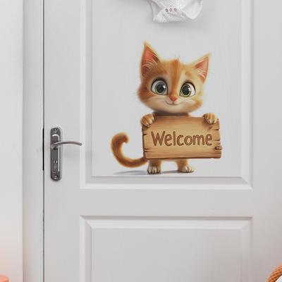 Cartoon Cat Welcome Sign Wall Sticker Self-Adhesive Removable Kids Room Bedroom Home Decor