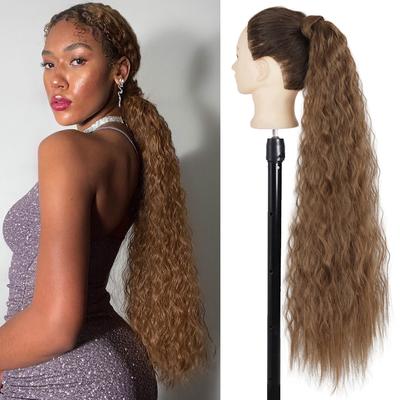 Lange, tiefe, gewellte Pferdeschwanz-Haarverlängerungen für Frauen aus Kunstfaser, lange braune, gewellte Pferdeschwanz-Haarverlängerungen für den täglichen Gebrauch