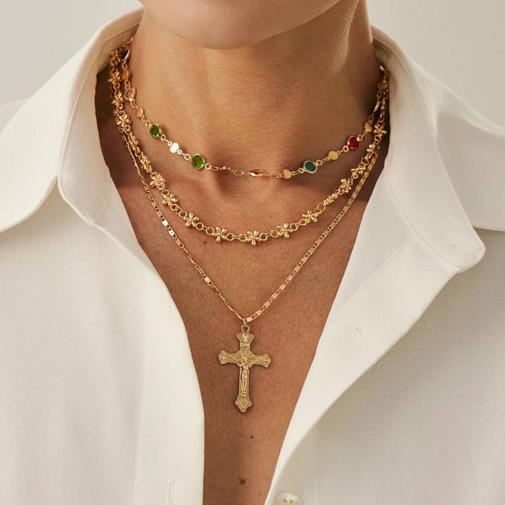 SHIXIN 3Pcs/Set Vintage Jesus Cross Pendant Necklace for Women Elegant Multilayer Colorful Crystal Chain Choker Jewelry Gift New