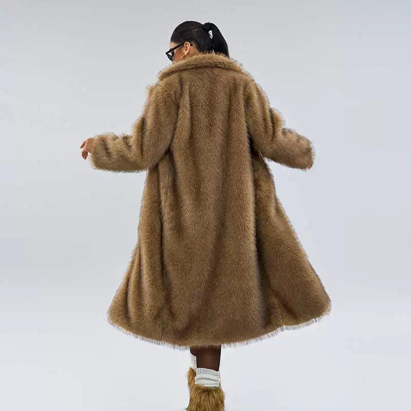 Womens Long Faux Fur Coat Blazer Collar Fall 2025 Plus Size S-XXL
