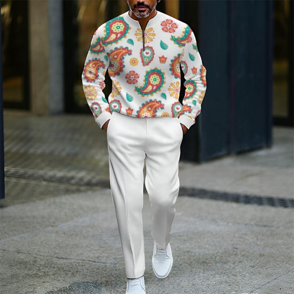 Spring Autumn 3D Printed Fashion Men's Long-Sleeved Sets Half-Zipper Stand-Up Collar Men's Casual Sportswear Two-Piece Set