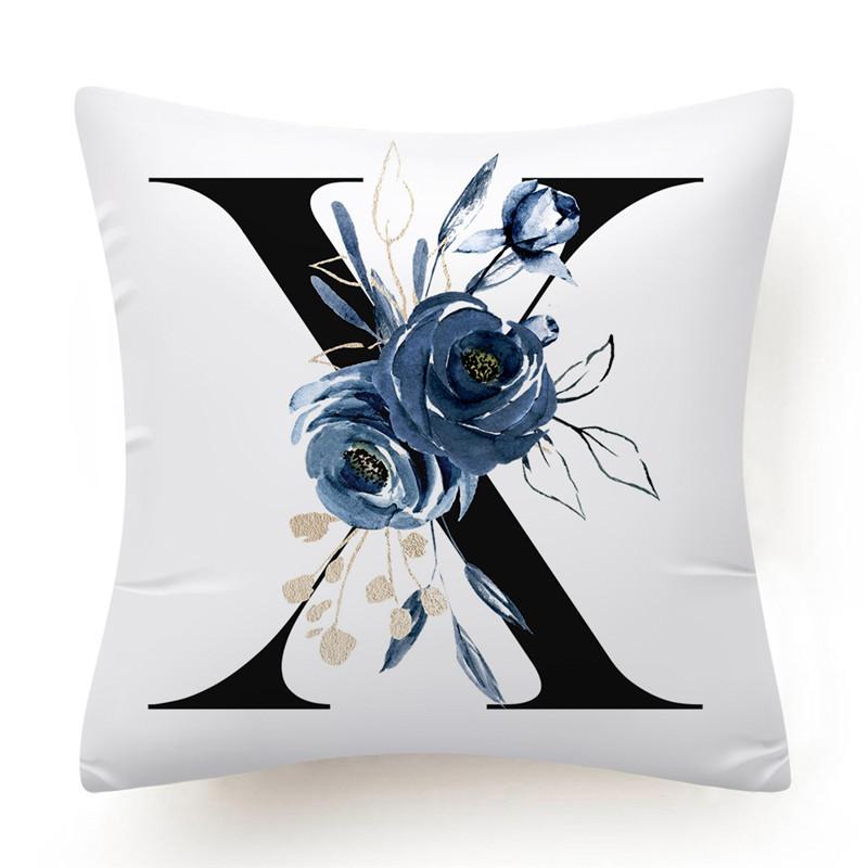 Floral Alphabet Cushion Cover 45x45 Blue Flowers Pillowcase Decorative Sofa Cushions Throw Pillows  Home Decor Pillow Cases