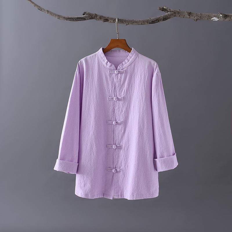 2026 Spring Women's Chinese Retro Linen Stand Collar Shirt with Frog Buttons for Tea Ceremony, Meditation, Zen & Tai Chi Exercise