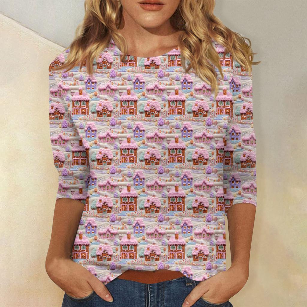 Women's Fashionable Casual Three-Quarter Sleeve Christmas Print Round Neck Top