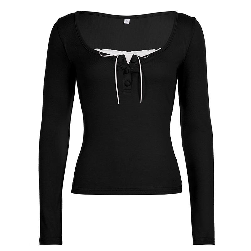 Korean Sweet Style Lace-Trim Two-Piece Long-Sleeve T-Shirt with Bowknot