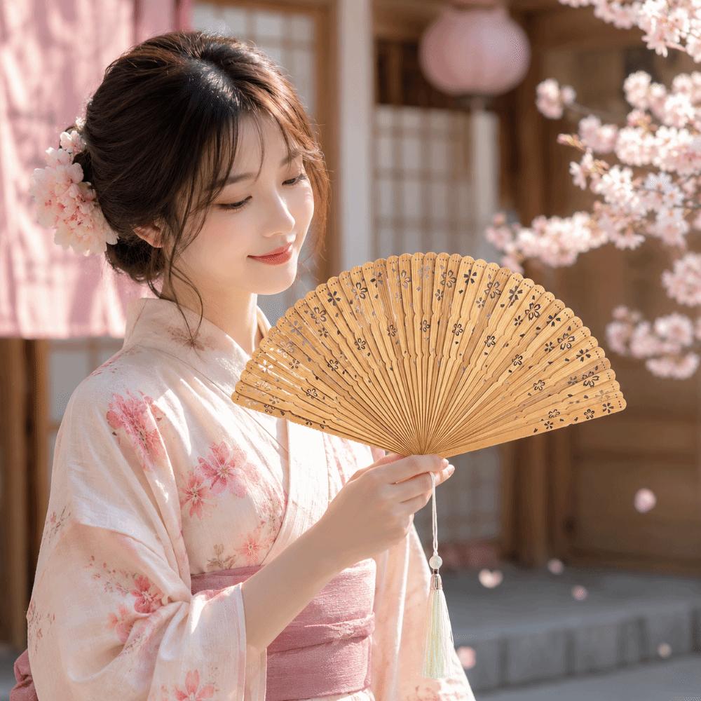 Sakura Folding Bamboo Fan Portable Elegant Handheld Fans Photography Props Kimono Fan  Party Gift