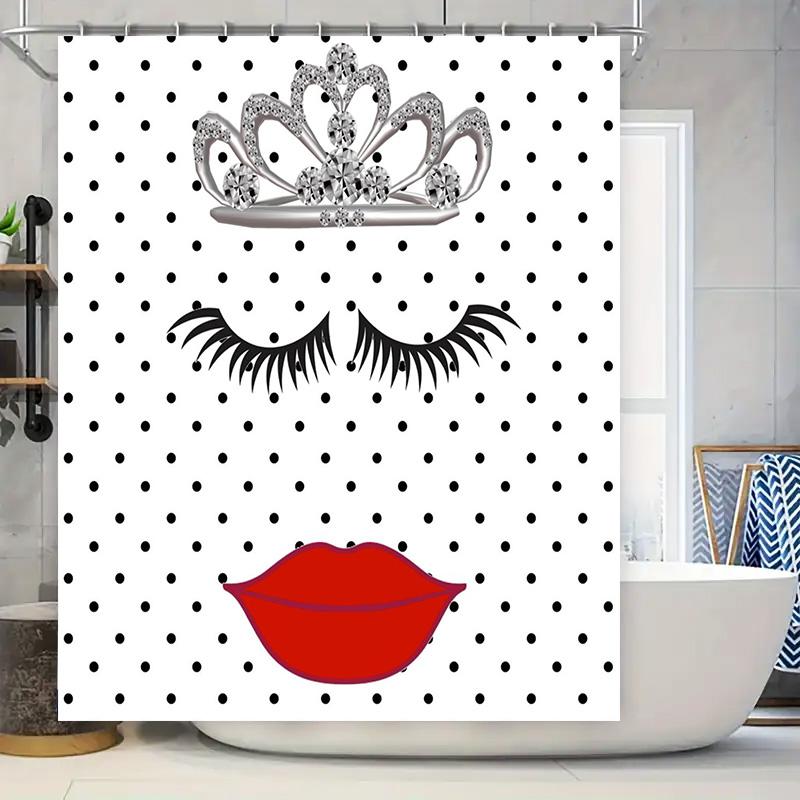 

Polka Dot Bath Shower Curtain With Crown Queen Lipstick False Eyelashes Print White Black Red Decorative Customizable Home Bathr W60H190(CM)-1 Pcs