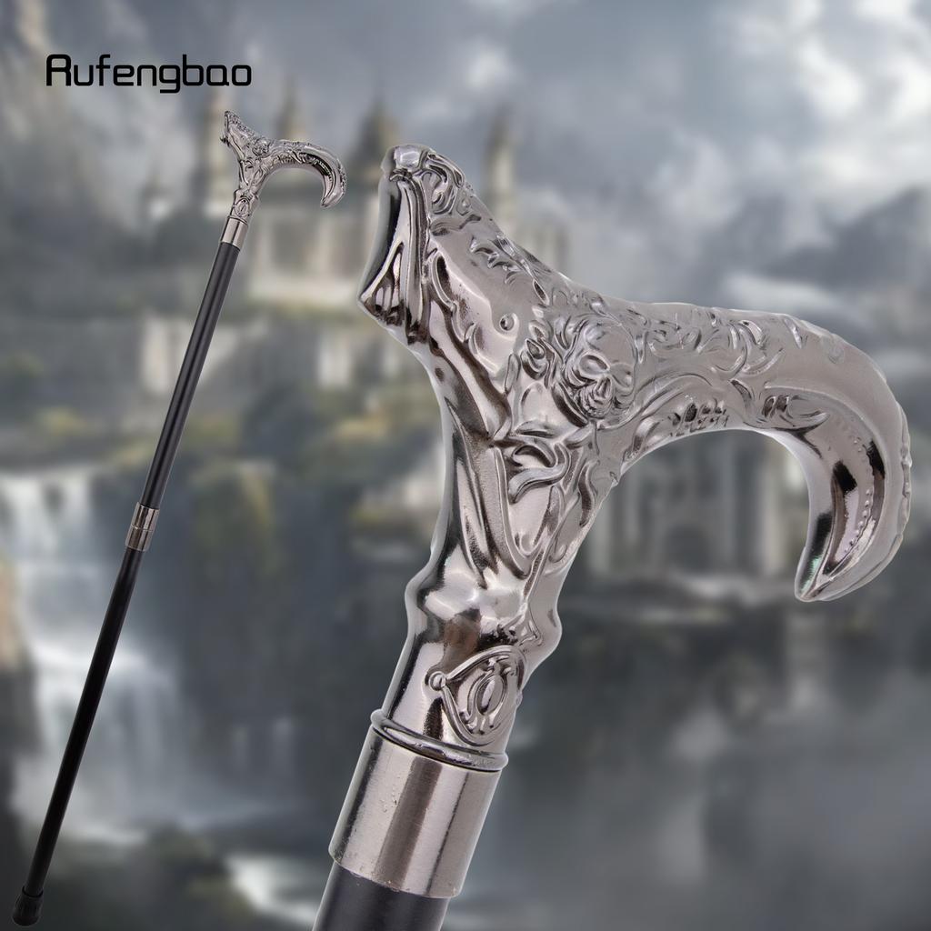 Silberner Totenkopf Blumenkopf Gehstock Mode Dekorativer Spazierstock Gentleman Elegant Cosplay Stock Knauf Krummstab 93cm
