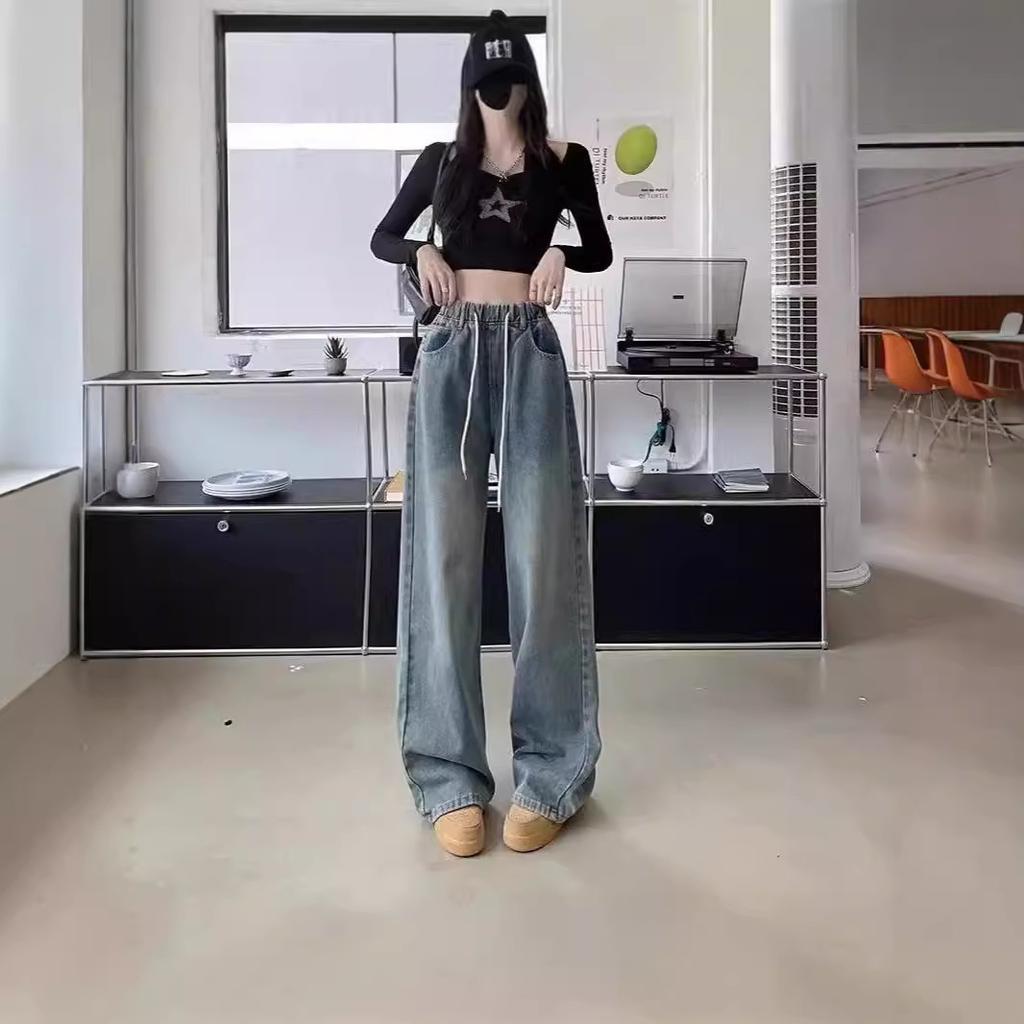 Women's High Waist Drawstring Elastic Wide Leg Jeans Washed Denim Draped Floor Length Baggy Casual Trousers Plus Size Student Pants
