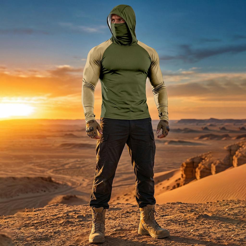 Maglia da Uomo a Maniche Lunghe con Cappuccio, Prestazioni Elevate, Mascherina Integrata e Maniche Raglan per Attività all'Aperto, Abbigliamento Sportivo