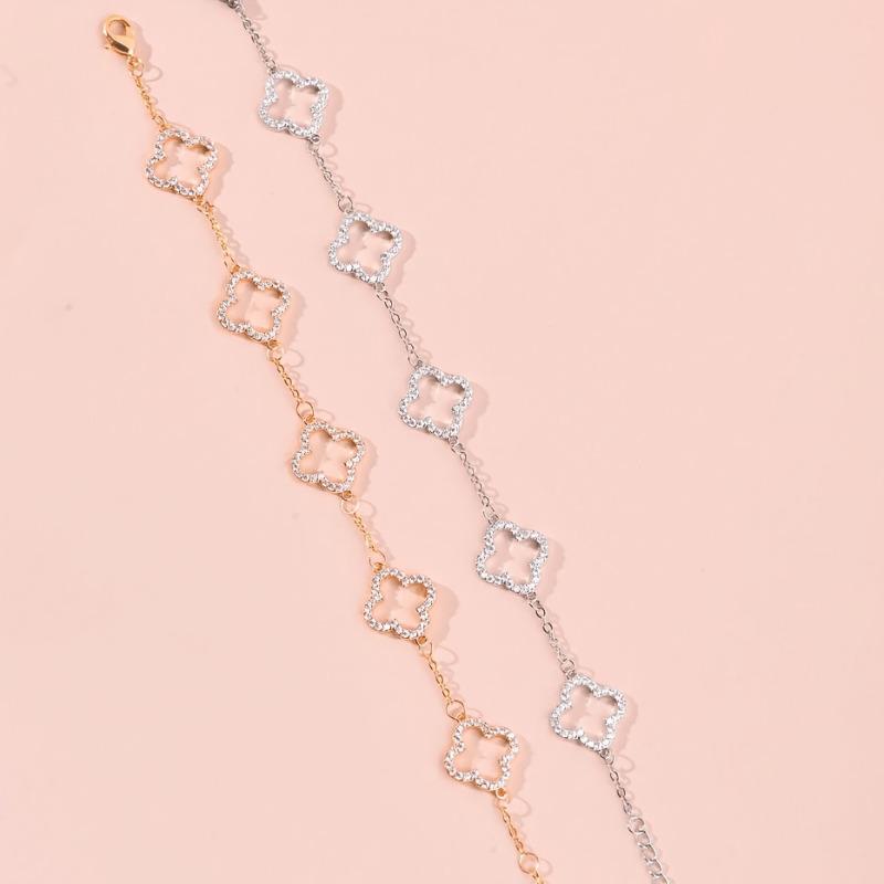 Braccialetto Trifoglio Fortunato di Primavera per Donna, Charm Fiore Quadrifoglio Pavimentato con Zirconi, Gioiello Semplice Elegante Stile Francese Regalo