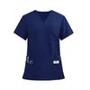 Ladies' Lightweight Solid Color V-neck Multi Pocket Side Slit Short Sleeved Shirt