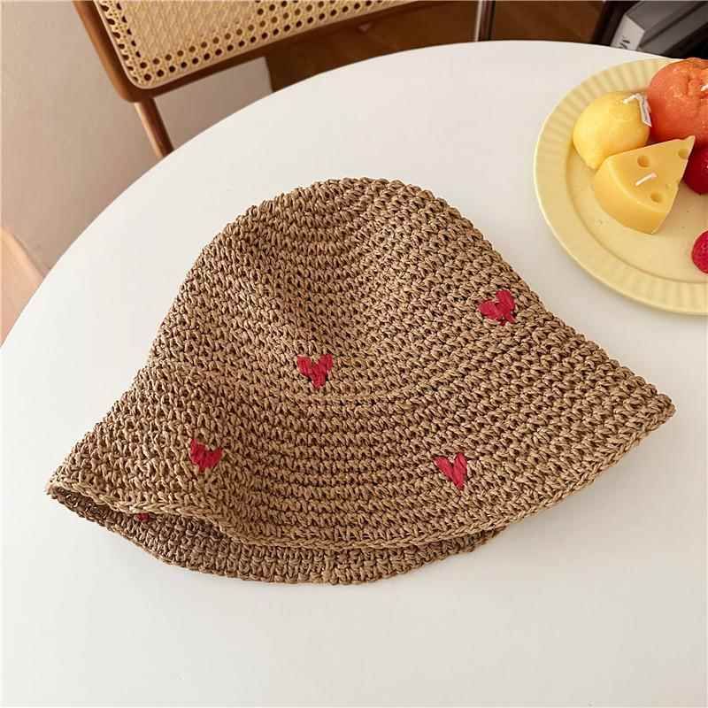 

Соломенная шляпа-ведро с сердечком, женская летняя, японская, милая, для отдыха, для защиты от солнца, соломенная шляпа от солнца с широкими полями, пляжная шляпа для моря Small Heart Brown