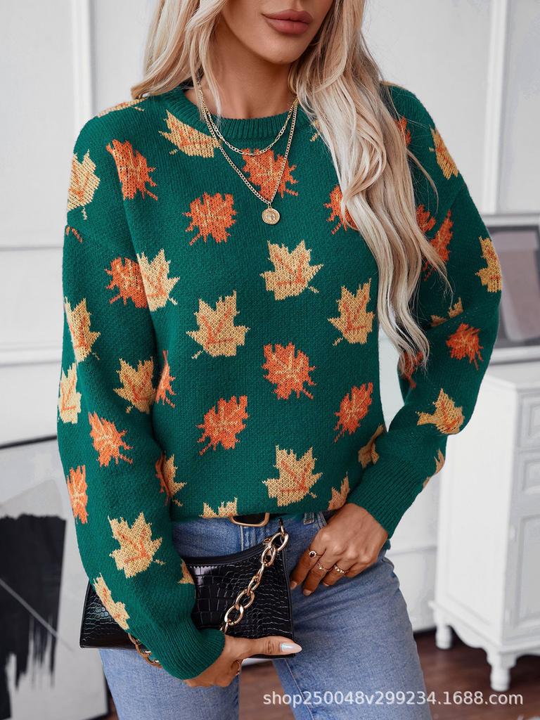 Autumn Leaf Pattern Knit Sweater for Women
