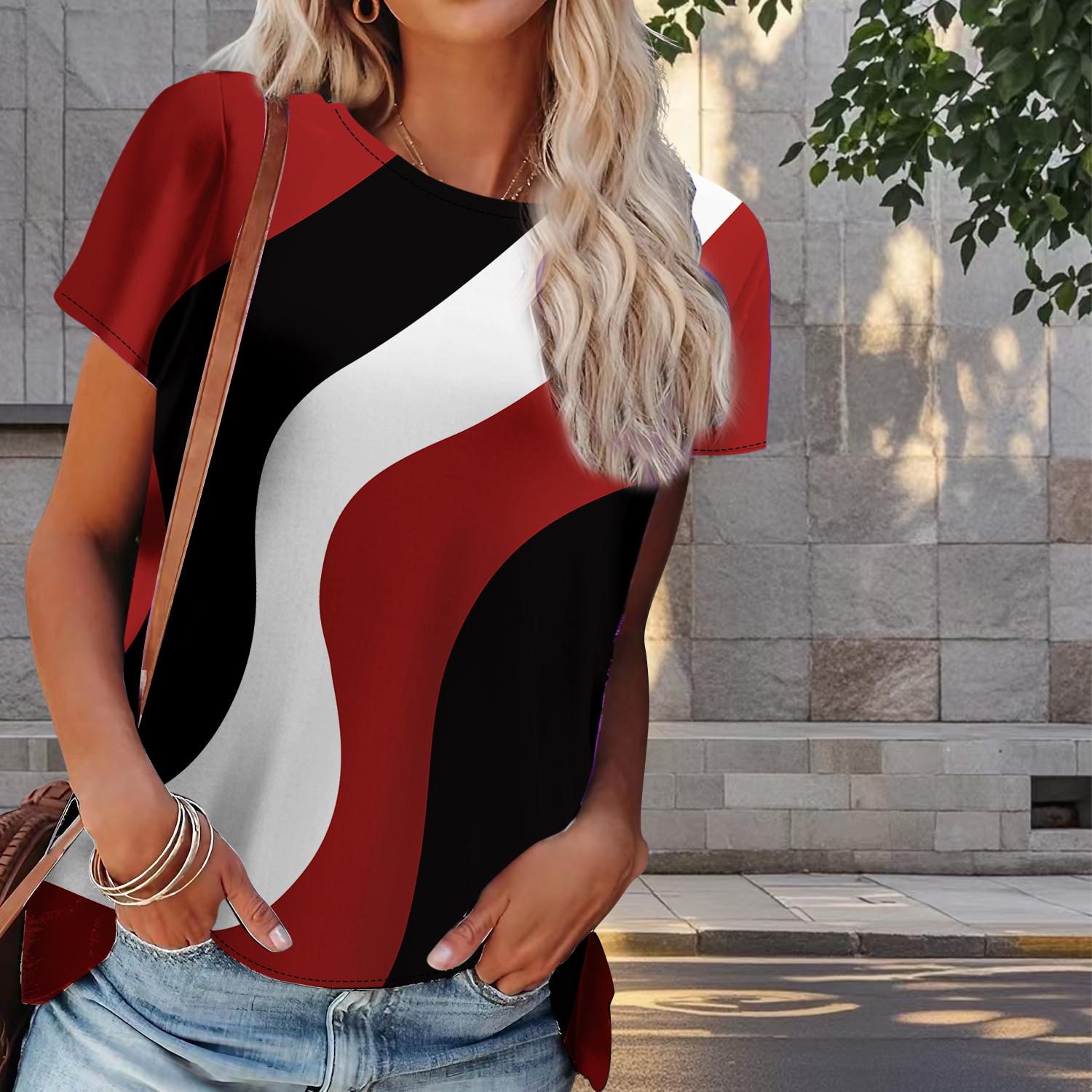 

Женская летняя футболка с геометрическим принтом в стиле ретро, футболки с коротким рукавом, повседневные топы с принтом 5XL