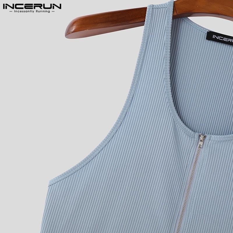 INCERUN Letní pánské bez rukávů s výřezy na zip jednobarevné ležérní žebrované tílko