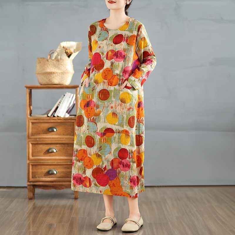 2025 New Vintage Printed Round Neck Loose Large Size Long Dresses