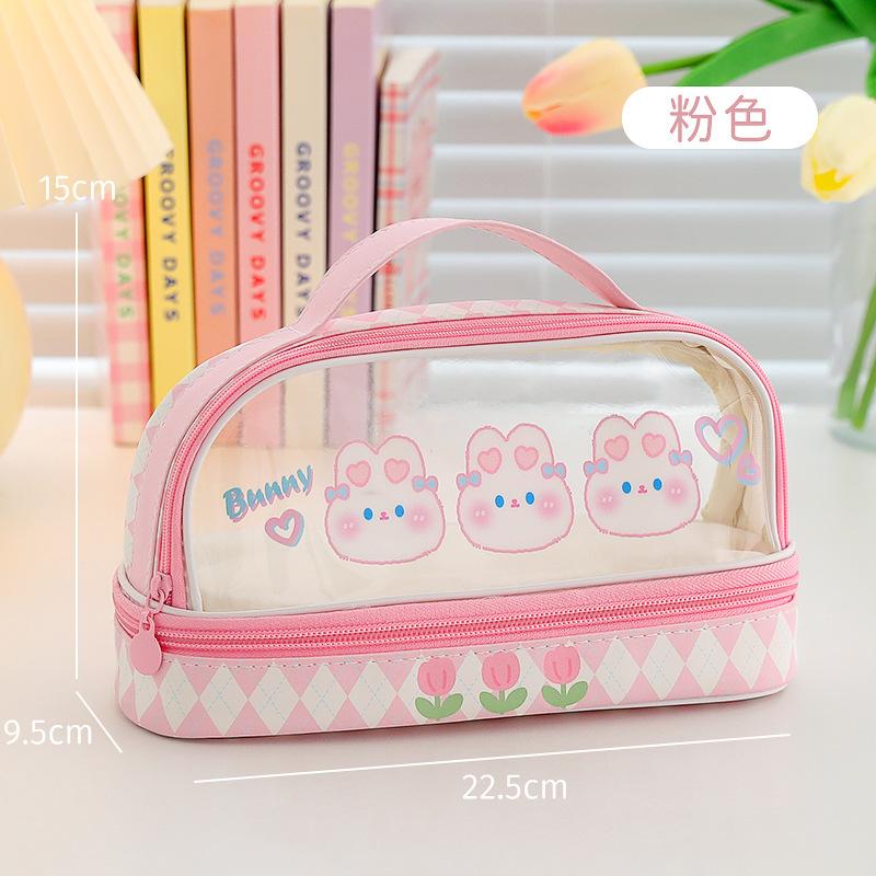 Kawai Cartoon Large Capacity Makeup Case Cute Baer Rabbit Portable Lipstick Cosmetic Bag Student Pencil Case Storage Washing Bag