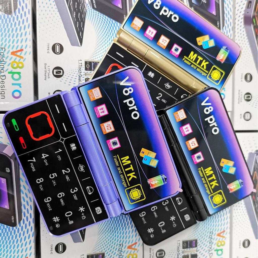 V8Pro Dual-Screen Flip Phone: Elderly-Friendly 2G Model with Large Buttons and Multi-Language Support