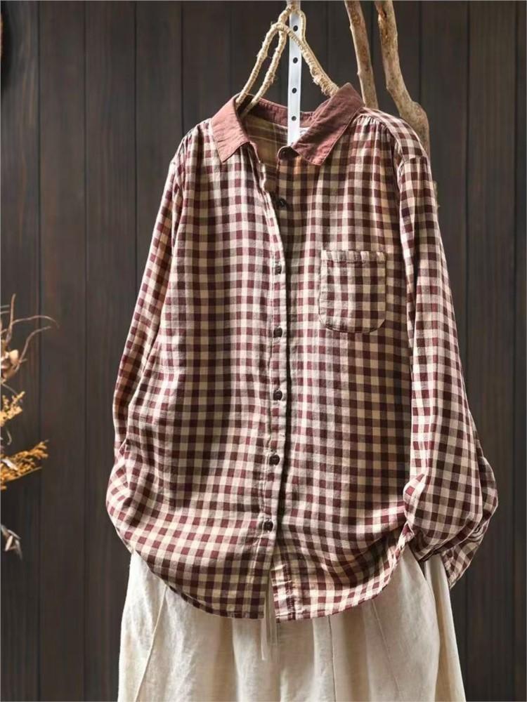 Johnature Vintage Plaid Shirts for Women Long Sleeve Spring Blouses with Turn Down Collar and Button Pockets