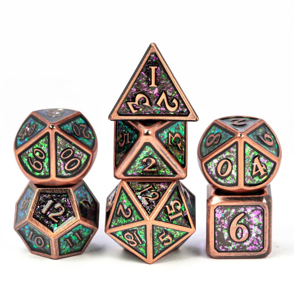 Cusdie Metal Glitter Dices DND 7Pcs Frame Solid D&D Dice D4-D20 Polyhedral Dice Set for Role Playing Game Pathfinder TRPG