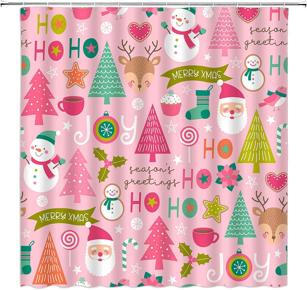Funny Cartoon Snowman Santa Claus Shower Curtain With Pink Green Xmas Tree Pattern, Winter Holiday Bathroom Decor For Festival