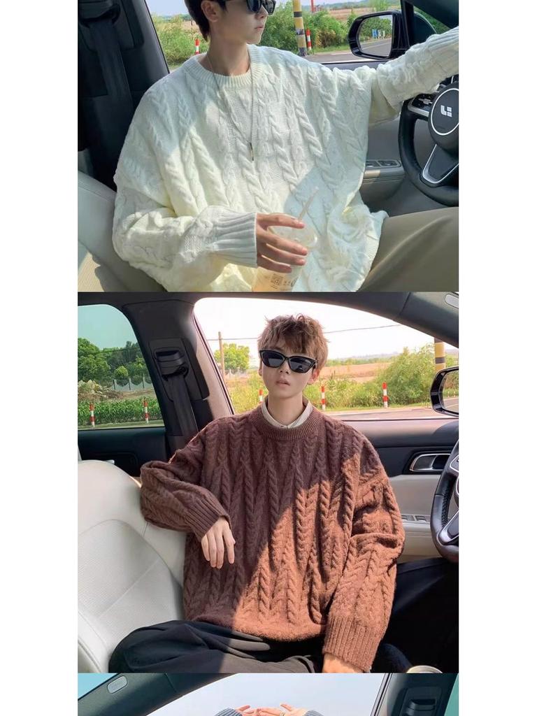 Men's Trendy Plus Size Cable Knit Sweater - American Style, Round Neck, Autumn Outerwear