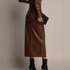 Midi Skirt High Waist Artificial Leather Hip Skirt with Slit Design Pure Color Slimming Fit Office Lady Skirt Work Leisure Daily Wear