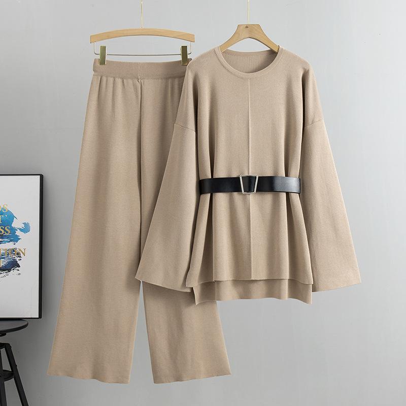 Knitted Wide Leg Trousers Sweater Suit Women's Spring and Autumn Plus Size Loose Fashion Temperament Pant Suit