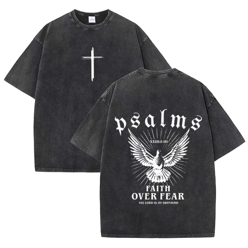 Retro Faith Over Fear T Shirt Psalms Dove Print Casual Washed Religious Streetwear S