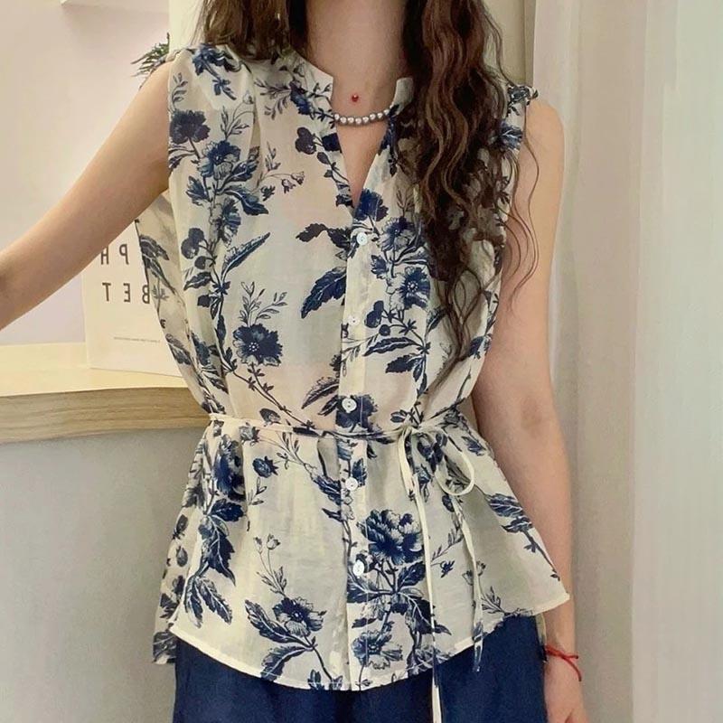Canvas Vest Camisole Women Summer Vintage Print Thin Sleeveless V-neck Shirt Jacket