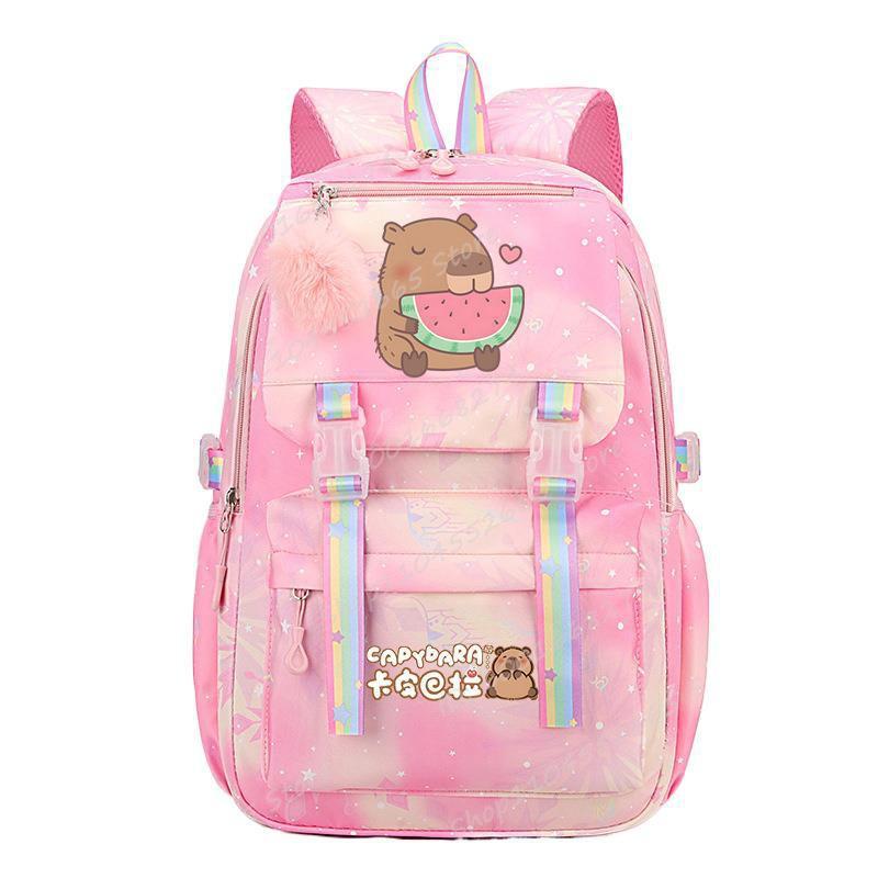 Capybara Cartoon-Druck Schulrucksack Mädchen Nylon Leichtgewicht Studenten Tasche Mit Gepolsterten Gebogenen Trägern Frischer Süßer Stil