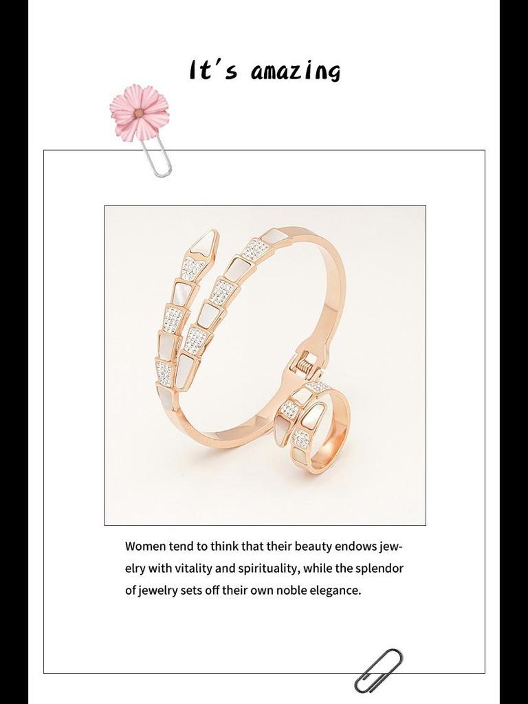 Evropský a americký titanový ocelový bílý skořápkový prsten/náramek ve tvaru hada s otevřeným diamantem - Stylové šperky z nerezové oceli