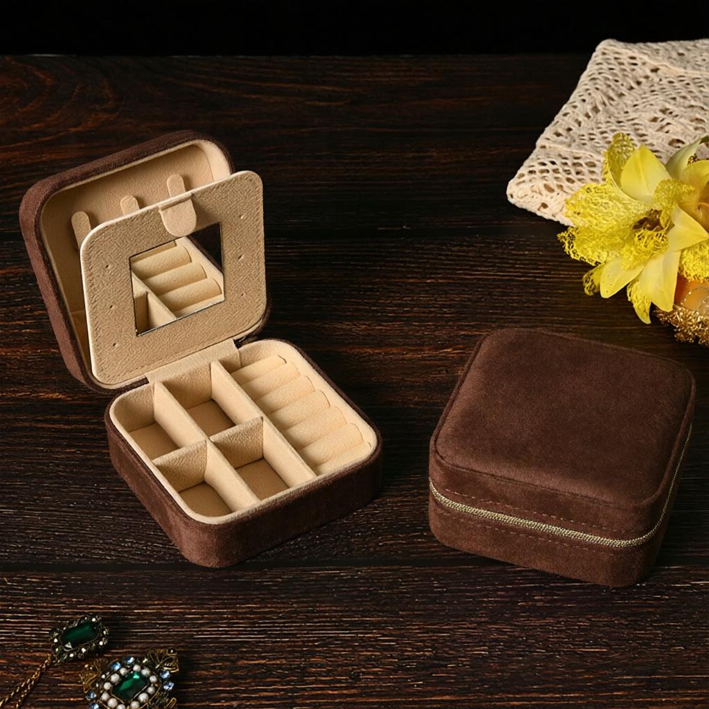 High-End Jewelry Storage Box with Mirror Pattern for Rings, Earrings, Necklaces - Women's Zipper Style Organizer.