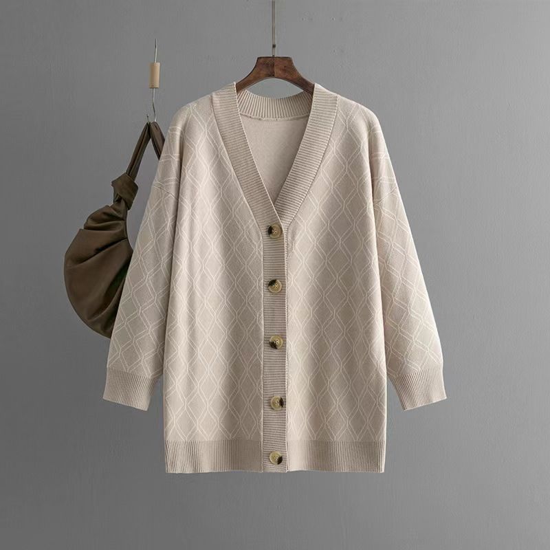 

Fashion Wind New V-neck Cardigan Sweater Loose Gingham Knitwear Cardigan Knitted Sweater Apricot All yards