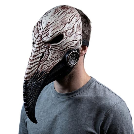 Comfortable Breathable Face Masque Long Nose Raven Masquerade Masque, Steampunk Bird Beak Cosplay Costume, Retro Wood Grain Cushion Latex Scary Creepy