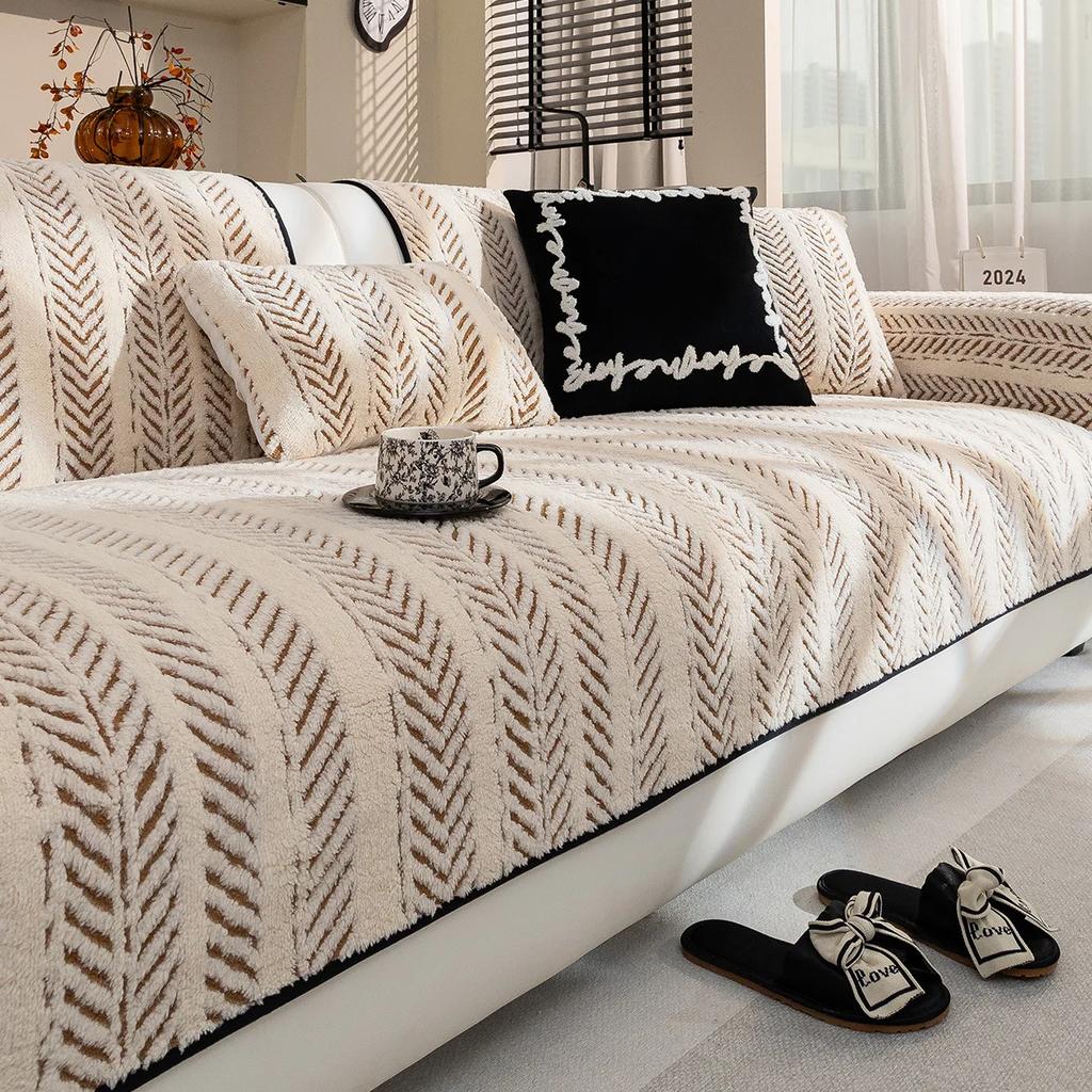Cotton Velvet Sofa Cover Living Room Thickened Plush Sofa Cushion Winter Non-slip Warm Soft Cushion Winter Sofa Protection Cover