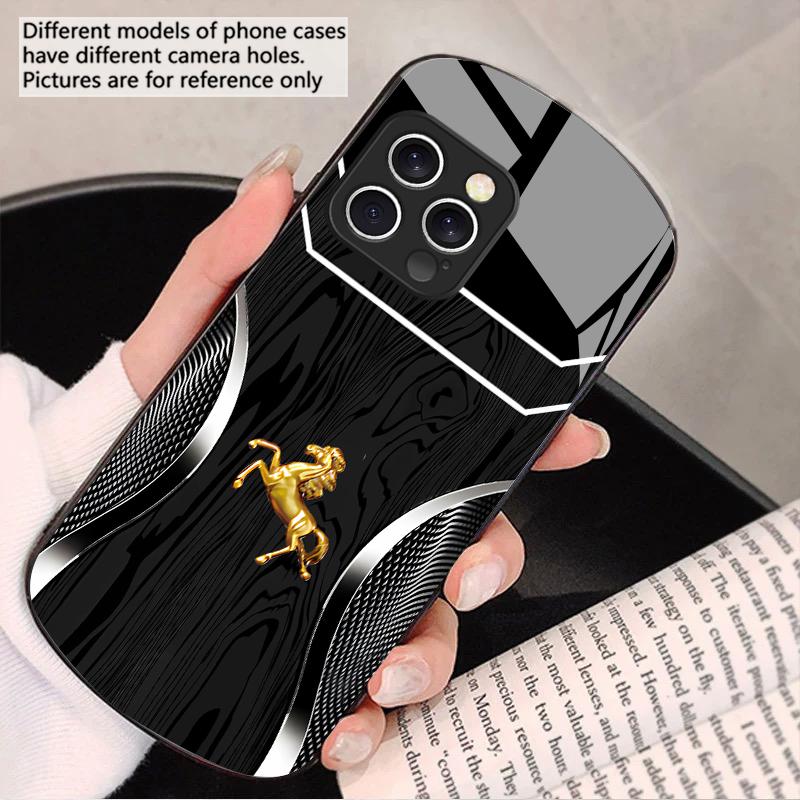 Wood Grain Golden Horse For IPhone 16 Pro Max 16e 15 Pro 14 13 12 Mini 11 XS Max XR 7 8 Plu SE 22 Elliptical Glass Phone Case