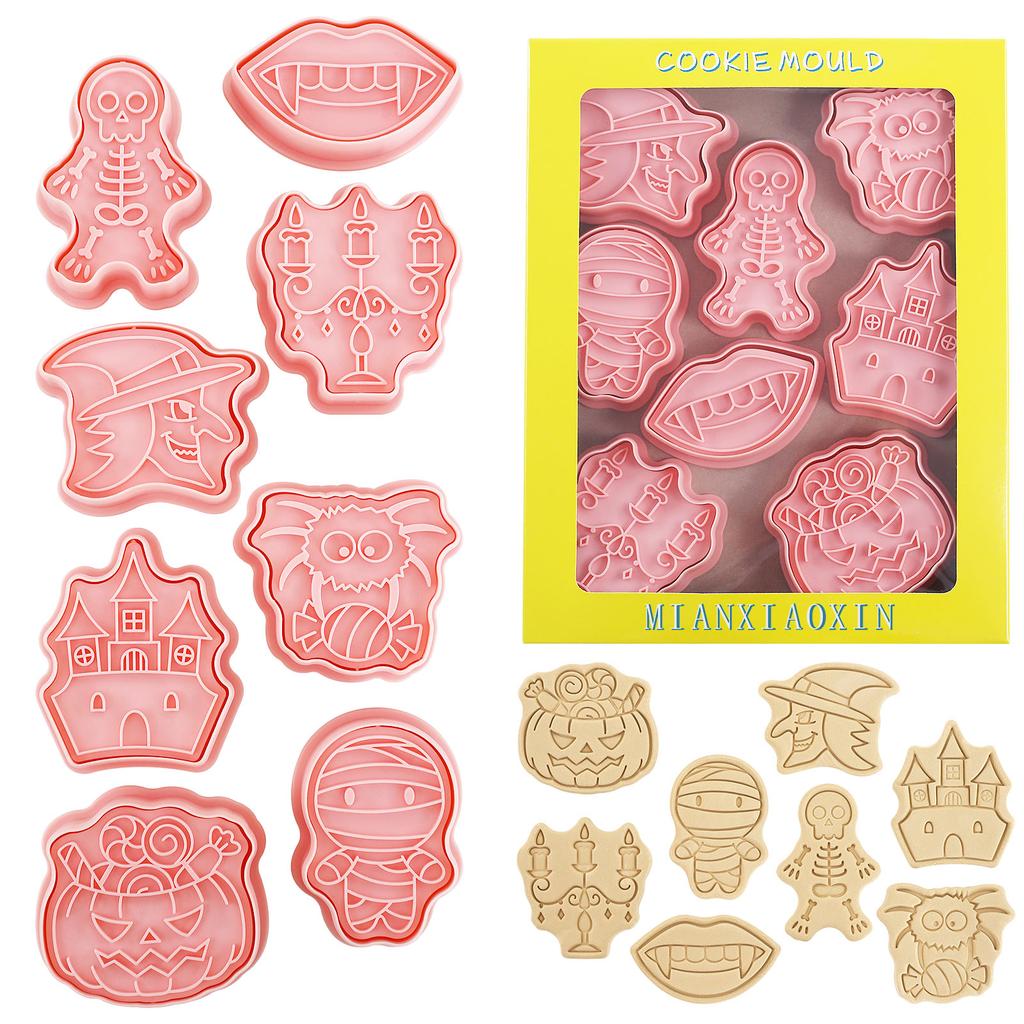 Halloween Cookie Cutters Set of 8 Pcs Witch Owl Spidder Bat Design Cookie Stamps Plastic Pumpkin Halloween Biscuit Molds 1