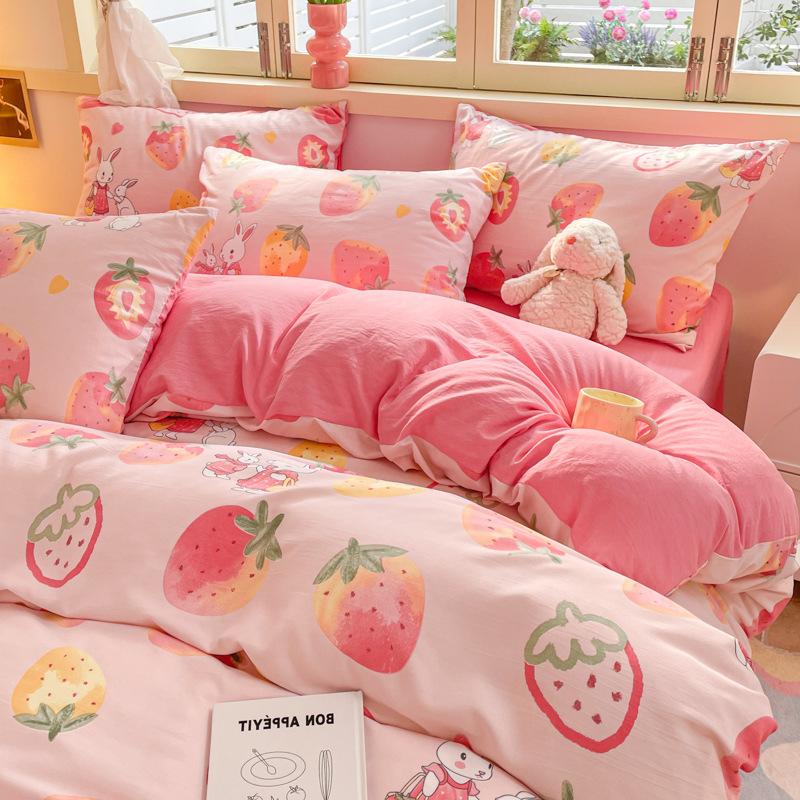 Class A Maternal And Infant Grade Washed Cotton Four-Piece Set Cotton Cartoon Small Fresh Pure Cotton Mattress Quilt Cover 3Pcs Set