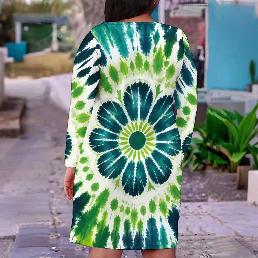 Women Plus Size V Neck Long Sleeve Shamrock Printed Dark Green Fitted Straight Dress
